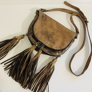 ALL SAINTS FRINGE CROSSBODY DISTRESSED LEATHER BAG